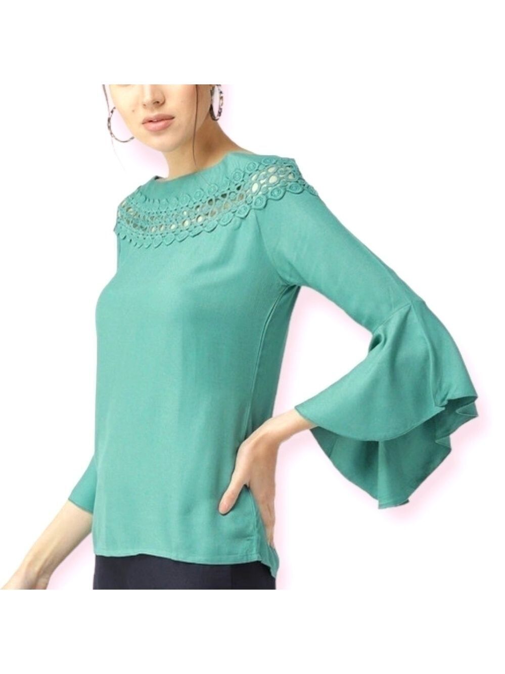 Crochet Eyelet Lace Bell Sleeve Blouse Size Small